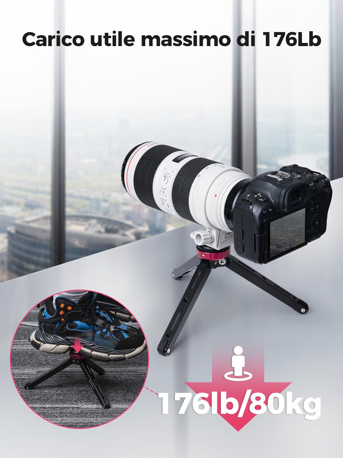 Moman Mini Treppiedi, TR01 Tavolo Treppiedi Piccolocon Attacco a Vite 1/4 e 3/8 Mirrorless con Carico Massimo di 80 kg Alluminio CNC per Fotocamera Camere Reflex Smartphone DSLR, Nero Rosso