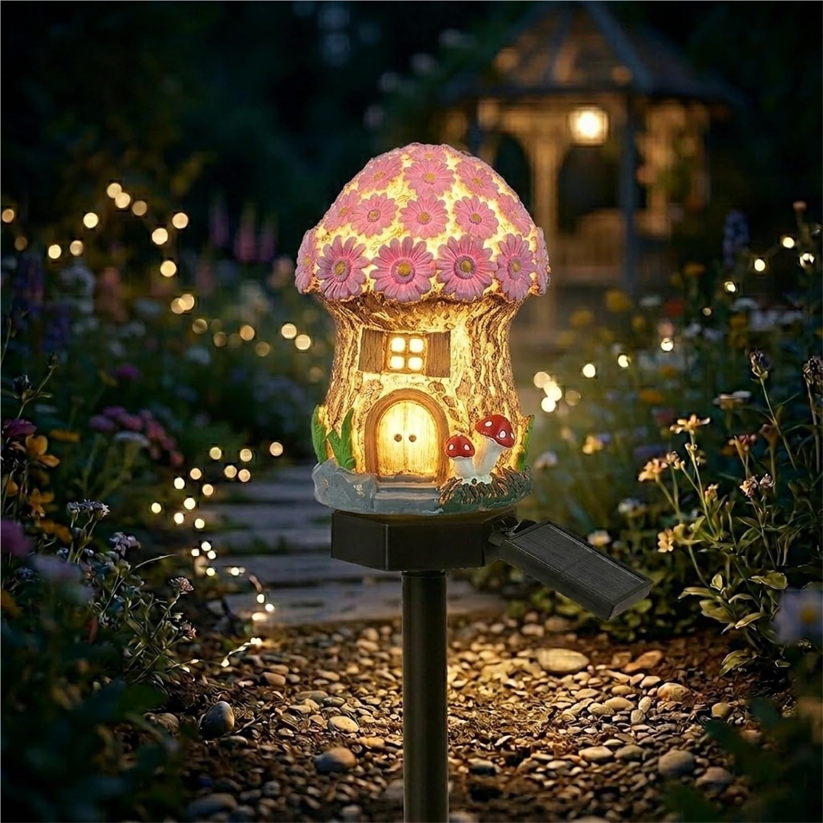 CAIFUGUIHE Solar Fairy-Tale Mushroom Cottage Garden Light, Resin Mushroom Cottage Figurine, Waterproof LED Mushrooms House Statue Lamp for Gardens, Pathways, Cozy Backyard, Lawn Decor