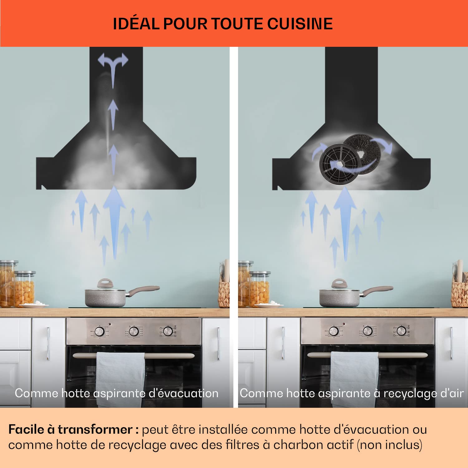 Klarstein Hotte Aspirante 60cm, Hottes de Cuisine avec Filtre de Hotte en Aluminium, Débit d'Air Puissant de 645m³/h, Eclairage LED, Extracteur d'Air Silencieux, Hotte Efficace avec Evacuation