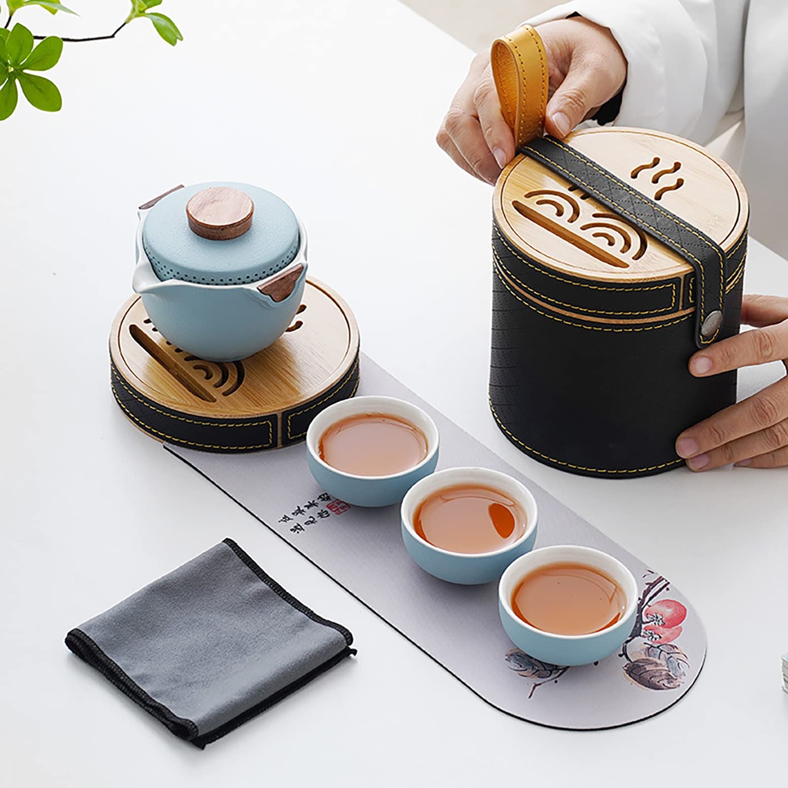 Travel tea set chinese tea set kung fu cup gaiwan tea set portable tea set?All-in-one Teapot,3 Teacups,1 Travel Bag,1 Tea Tray (Color : Blue)