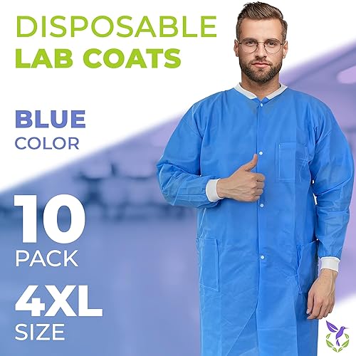 Miniatura 2 de AMZ - Abrigos de laboratorio desechables para adultos, 4XL. Paquete de 10 abrigos de laboratorio azules SMS hasta la rodilla desechables. Abrigos
