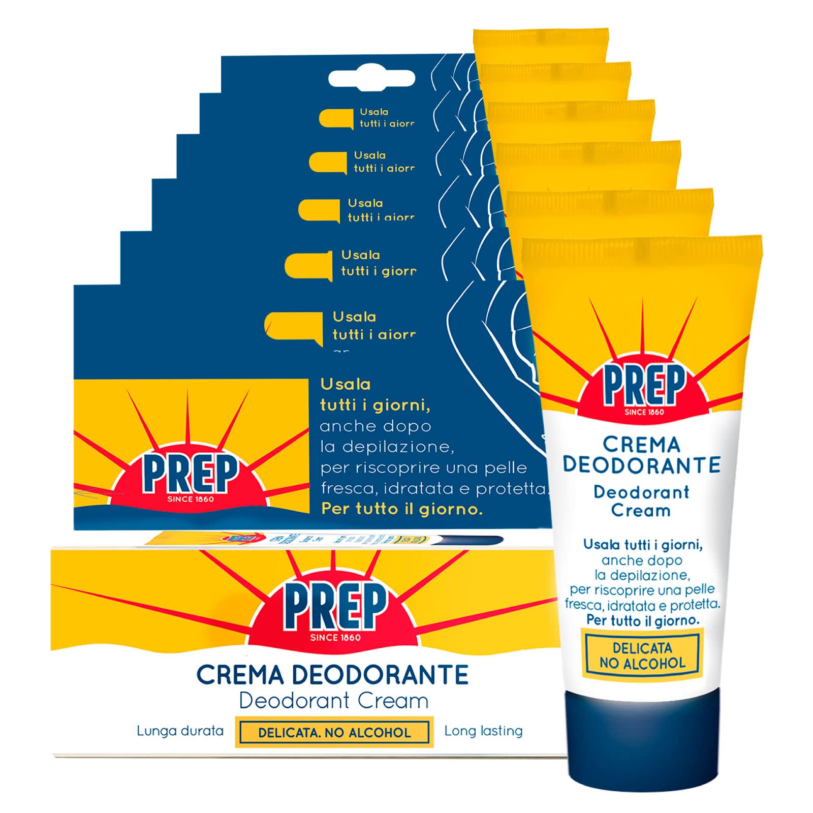 6x Prep Crema Deodorante per tutti i tipi di Pelle Antitraspirante Senza Alcool Per tutti i Giorni Profumo Delicato Sensazione di Freschezza Lunga Durata - 6 Flaconi da 35ml