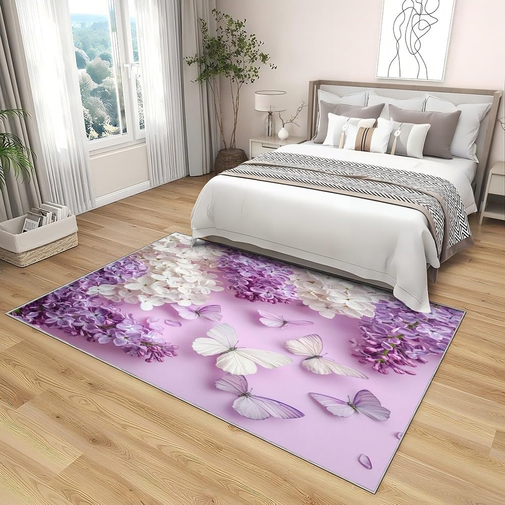Generico 3D Tappeto Salotto Pelo Corto 120x180 cm, Farfalla Lilla Bianca Tappeto Camera Per Bambini Antiscivolo Lavabile, Viola Tappeti Decorazione per Corridoio, Soggiorno, Sala