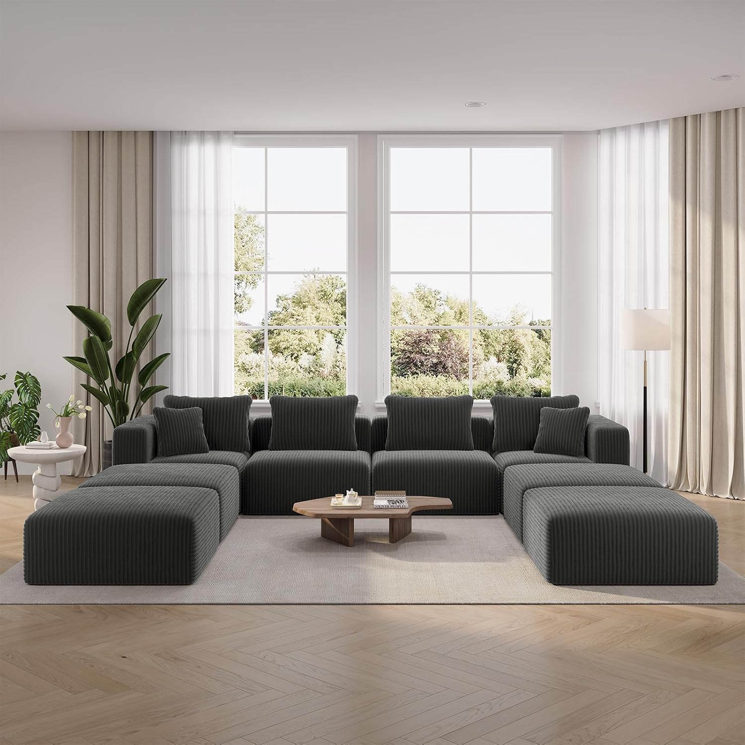 Novilla 141" Modular Sectional Sofa U-Shape Dark Gray 4 Seater + 4 Ottoman No Assembly