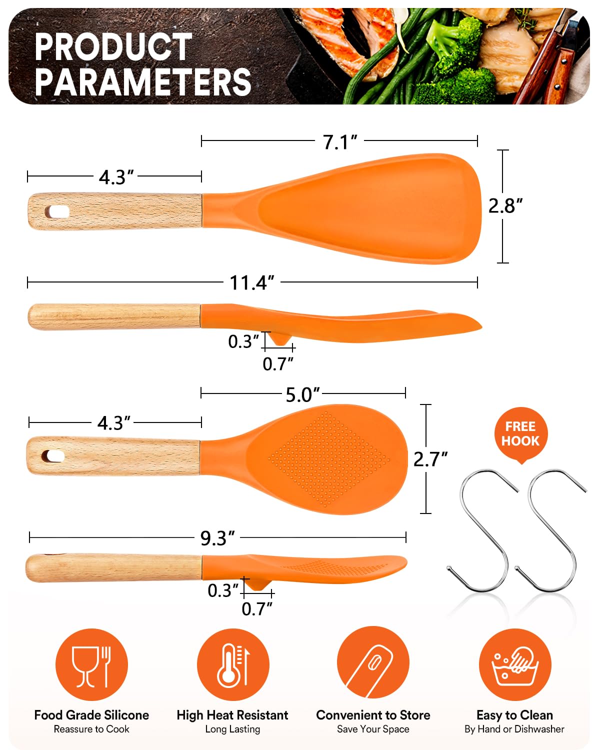 Kochlöffel und Reisschaufel für antihaftbeschichtetes Kochgeschirr, ideal zum Kochen und Servieren, stabiles BPA-freies, mattes Silikon, Holzgriff zum Mischen, Schaufeln und Schaben (Orange)