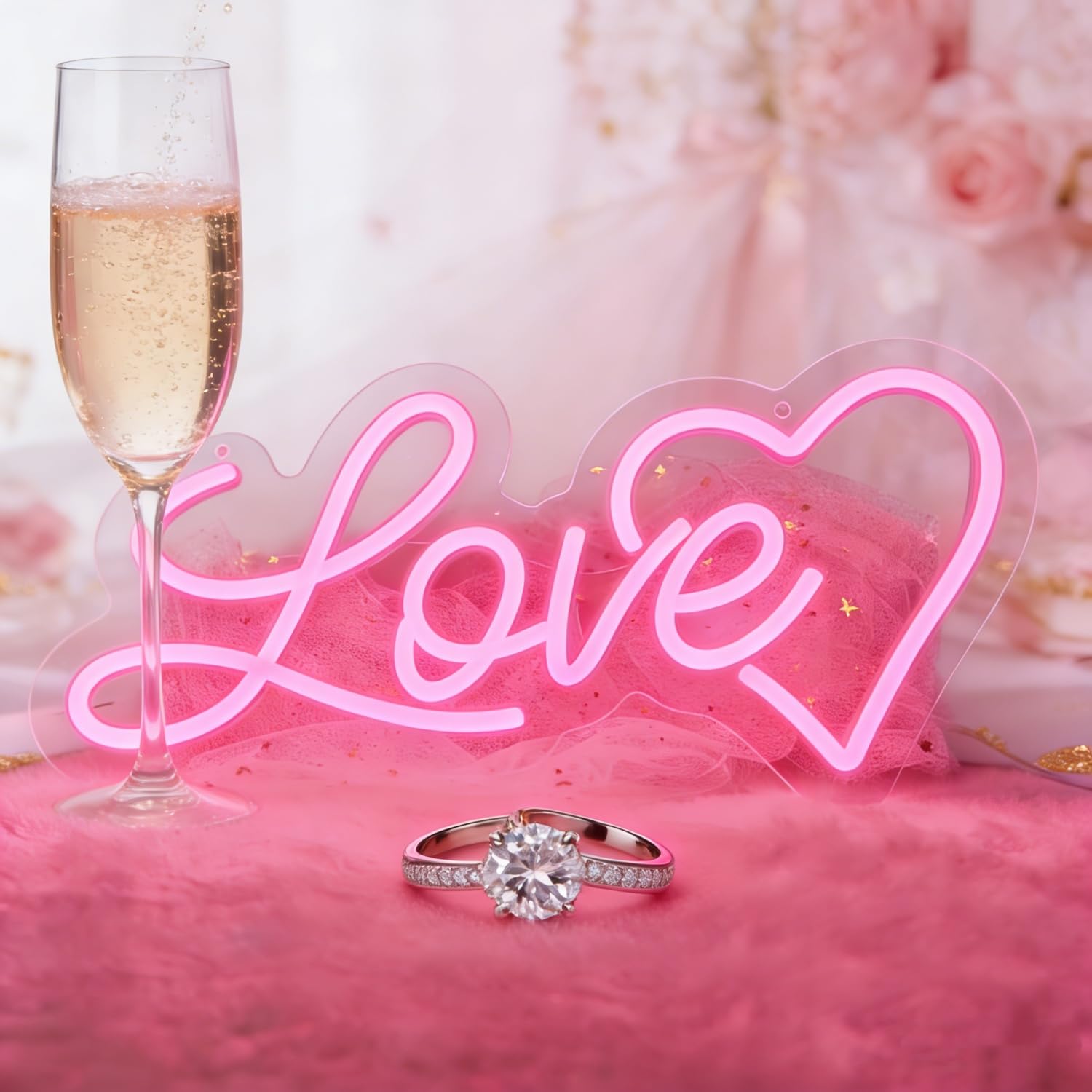 Love Heart Neon Sign LED Light Up Letters for Wall Decor, Warm White Neon Lights for Wedding Proposal Party Decorations, Bedroom Art Decor Marriage Proposal Sign