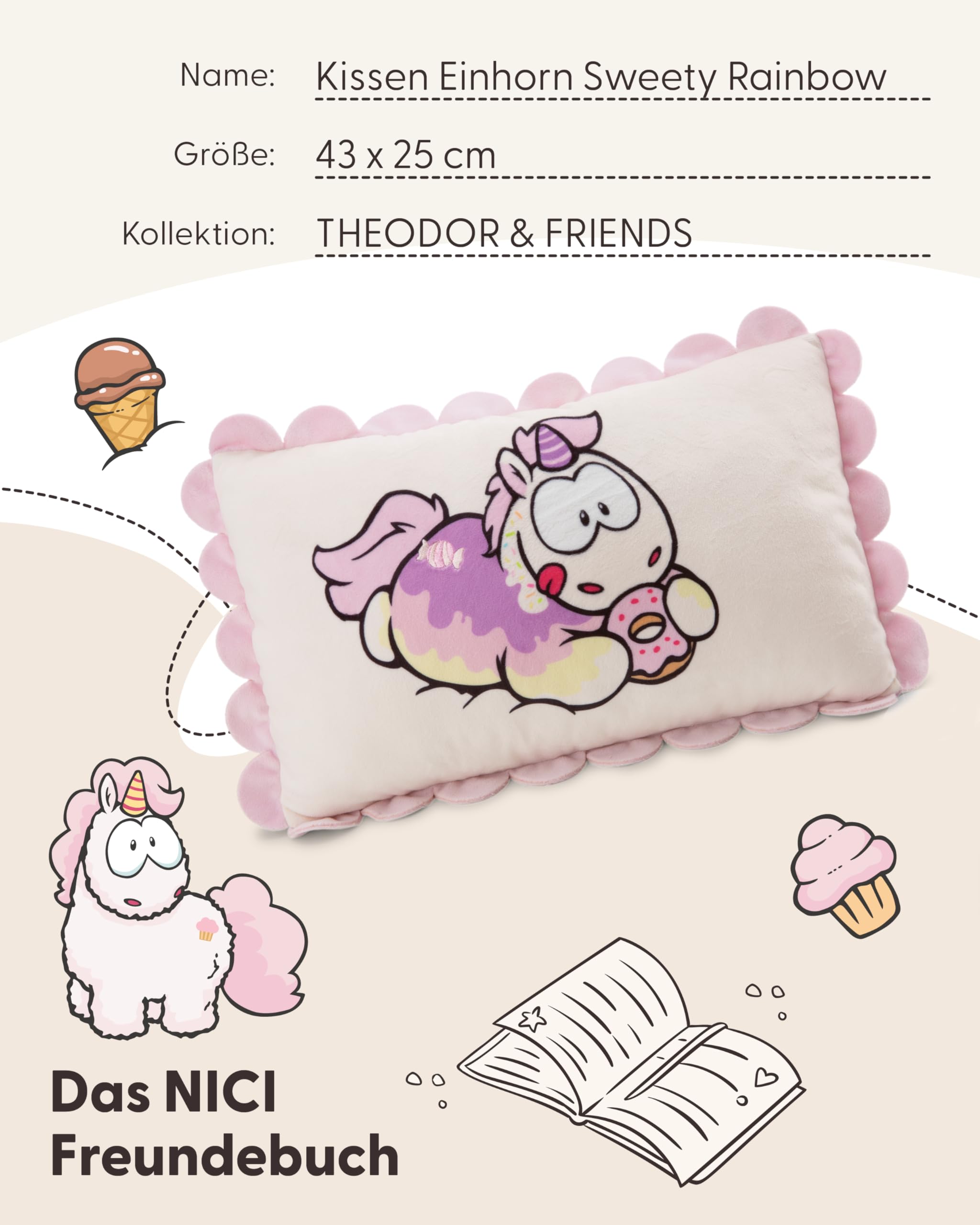 NICI Kissen Einhorn Sweety Rainbow 43x25cm - Weiss - Flauschiges Kuscheltierkissen für Jungen, Mädchen, Babys und Kuscheltierliebhaber, ideal für Zuhause, Kindergarten oder unterwegs | 61917