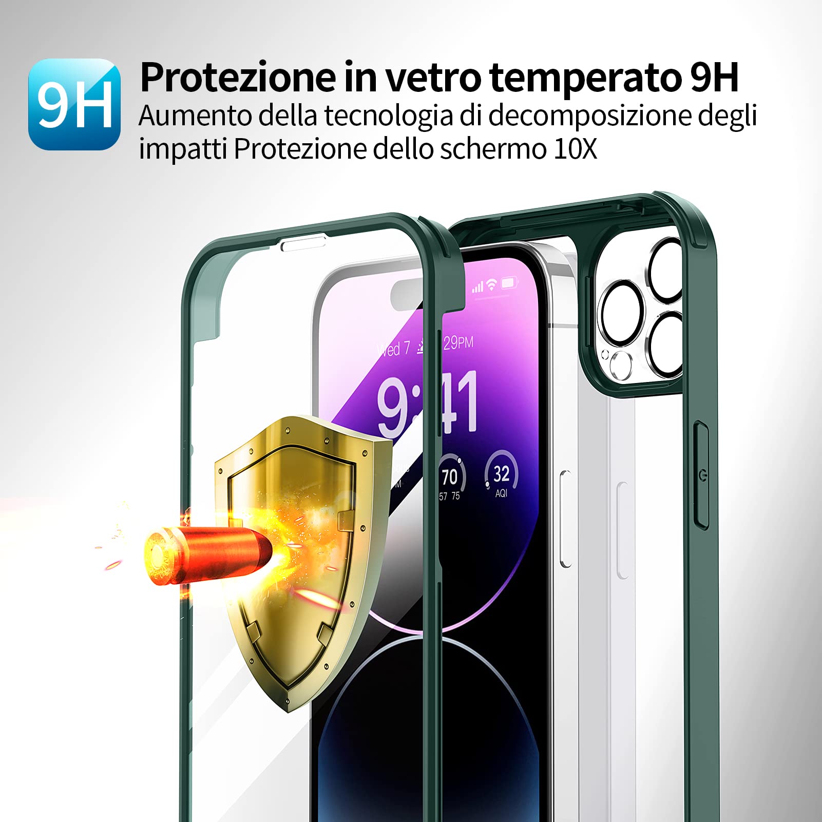seacosmo Cover per iPhone 14 Pro Max, [9H HD] Integrata Vetro Temperato Schermo e Pellicola Fotocamera 360 Gradi Antiurto Custodia, Rugged Protezione Slim Case per iPhone 14 Pro Max, Verde