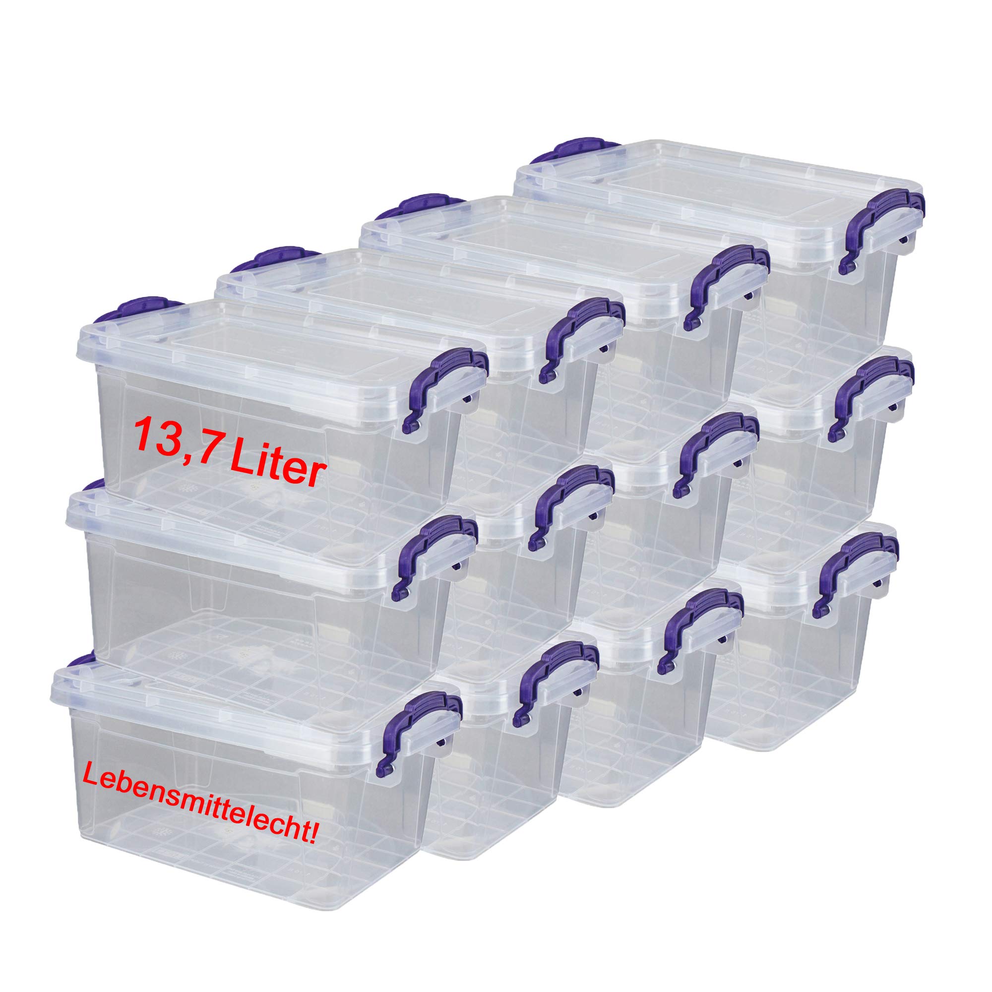 DIES&DAS 12er Set stapelbare Aufbewahrunsboxen Lagerboxen mit Deckel/Klickverschluss u. Griffen - 13,7 L Lebensmittelecht