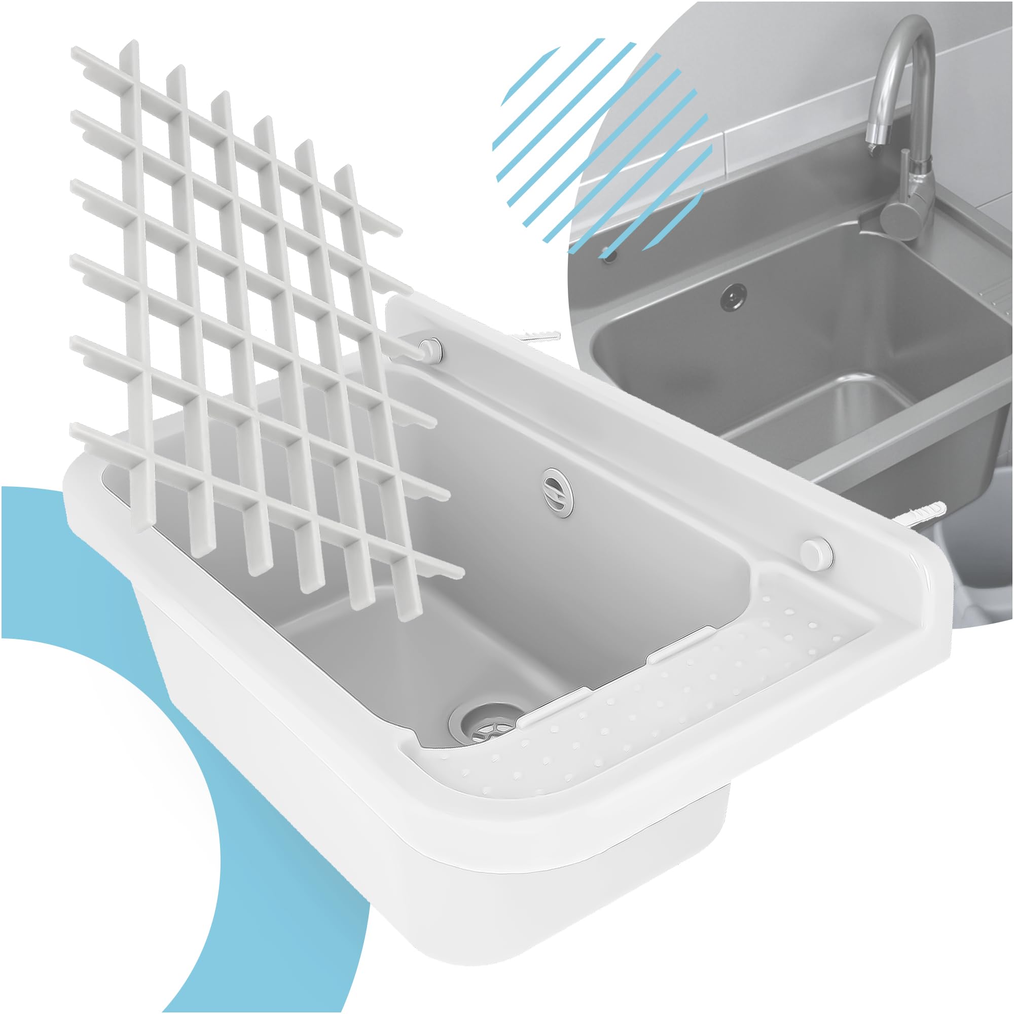 Évier Commercial a Chambre Industriel 50 x 34 x 21 cm Blanc avec étagère Grille 36 x 30 cm Profond Extérieur Lave-Mains Jardin Garage Buanderie Salle de Bains Usine Monochambre