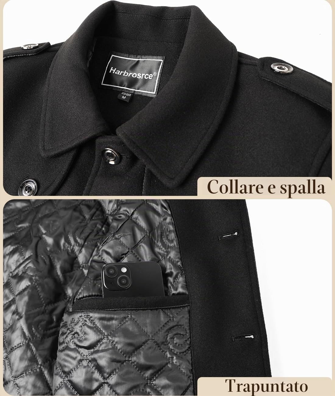 Cappotto da Uomo Giacche di Lana Elegante Trincea Cappotto Invernale Lavoro Corto Business Trench Coat Imbottito e Foderato Calda Giacca