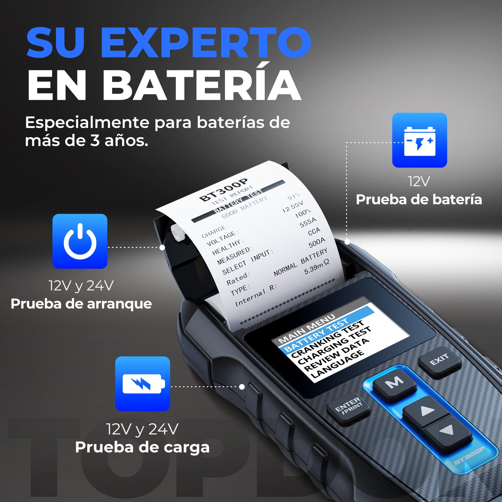 Probador de batería de 12 V/24 V con impresora incorporada Topdon BT300P, 100-2000 CCA - Probador de carga automático para prueba de batería/arranque/carga