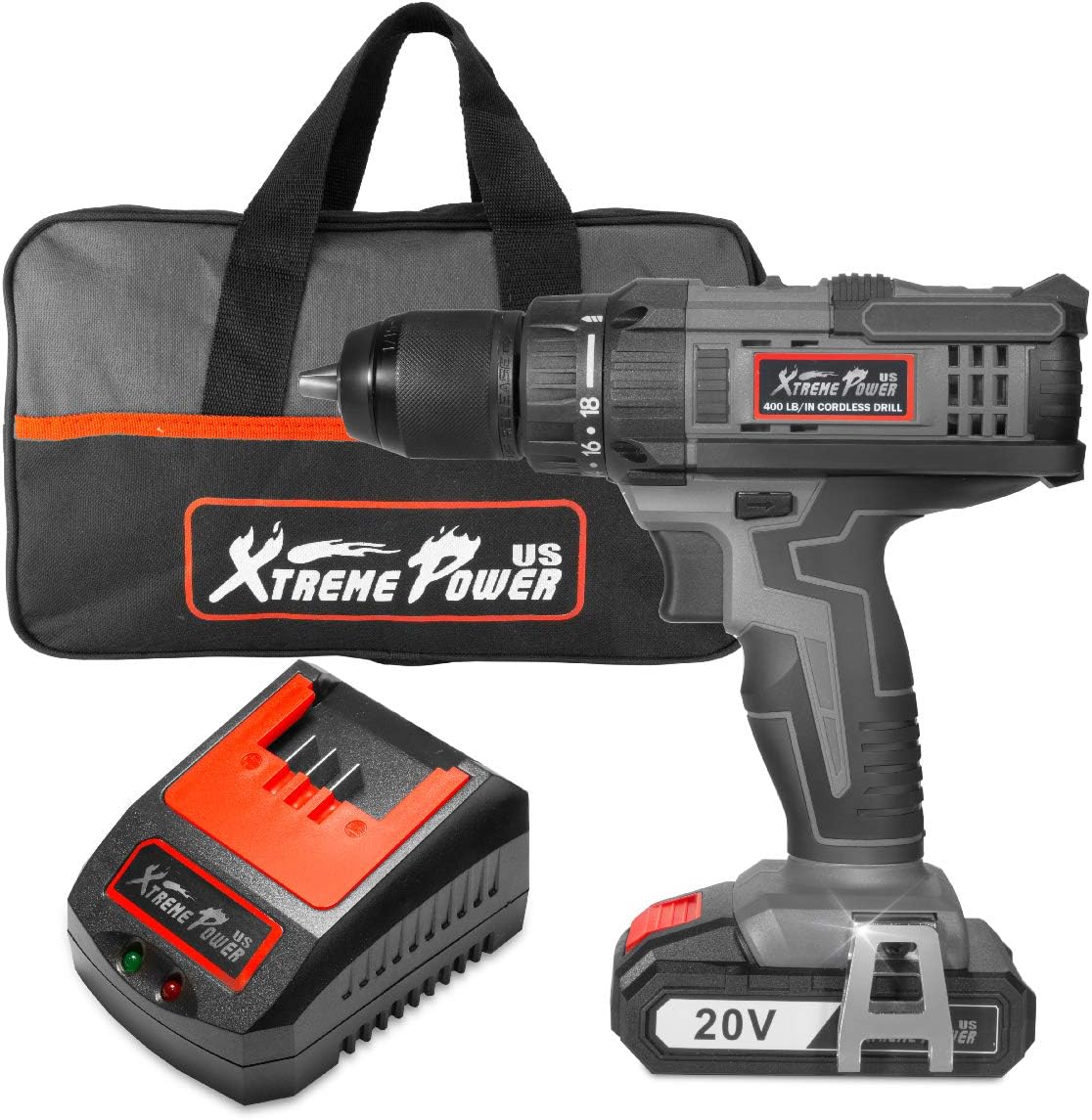XtremepowerUS Cordless Drill, 20V MAX Drill Driver 2000mAh Batteries, 400 In-lbs, 18+1 Torque Setting, Fast Charger 2.0A, 0-1400RPM w/Carrying Bag