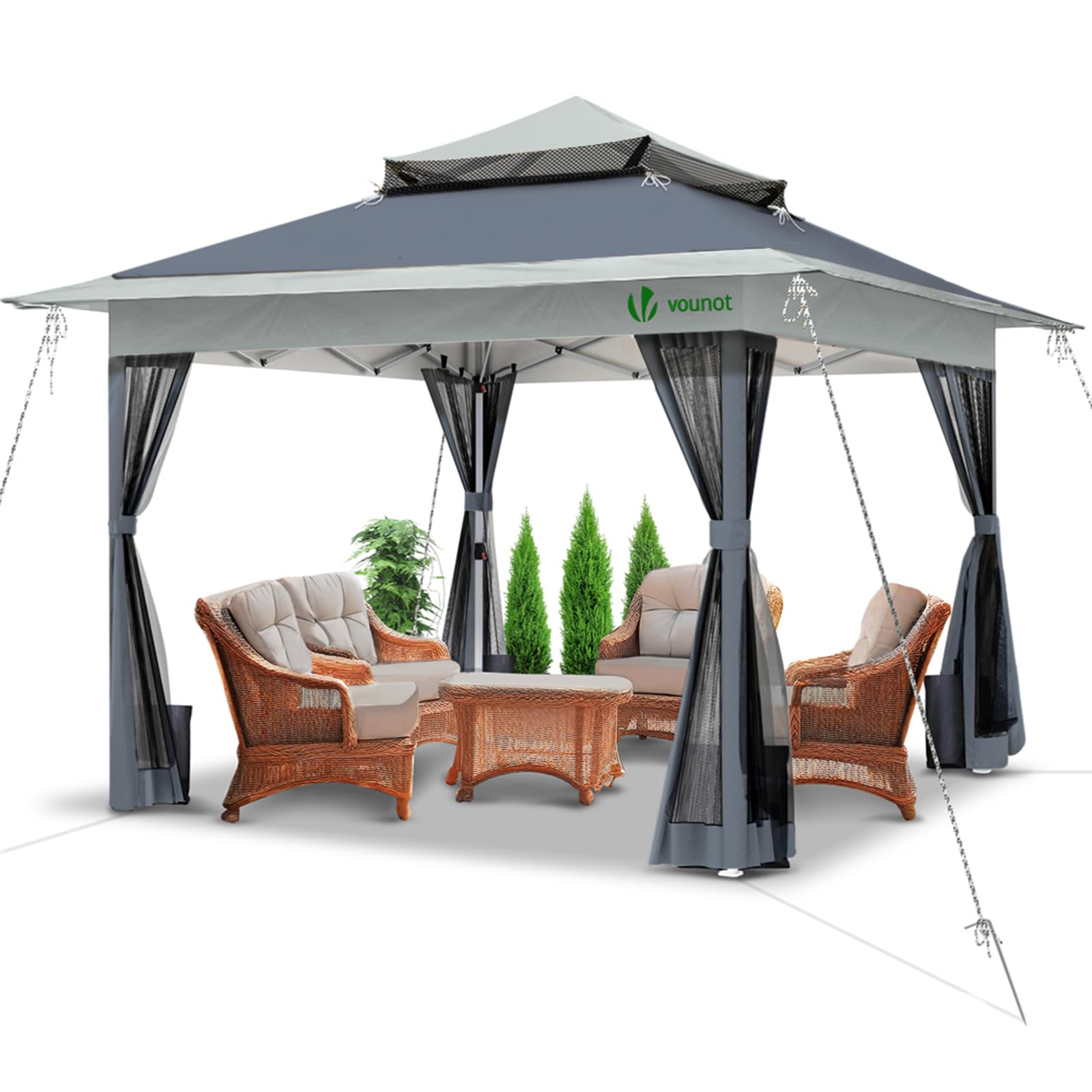 VOUNOT® Carpa Plegable Gazebo 3.6x3.6m con Laterales de Malla, Cenador Pabellón Pop Up de Jardín Techo Doble y Bolsas de Arena, Protección UV, para Camping, Fiestas, Exterior, Gris