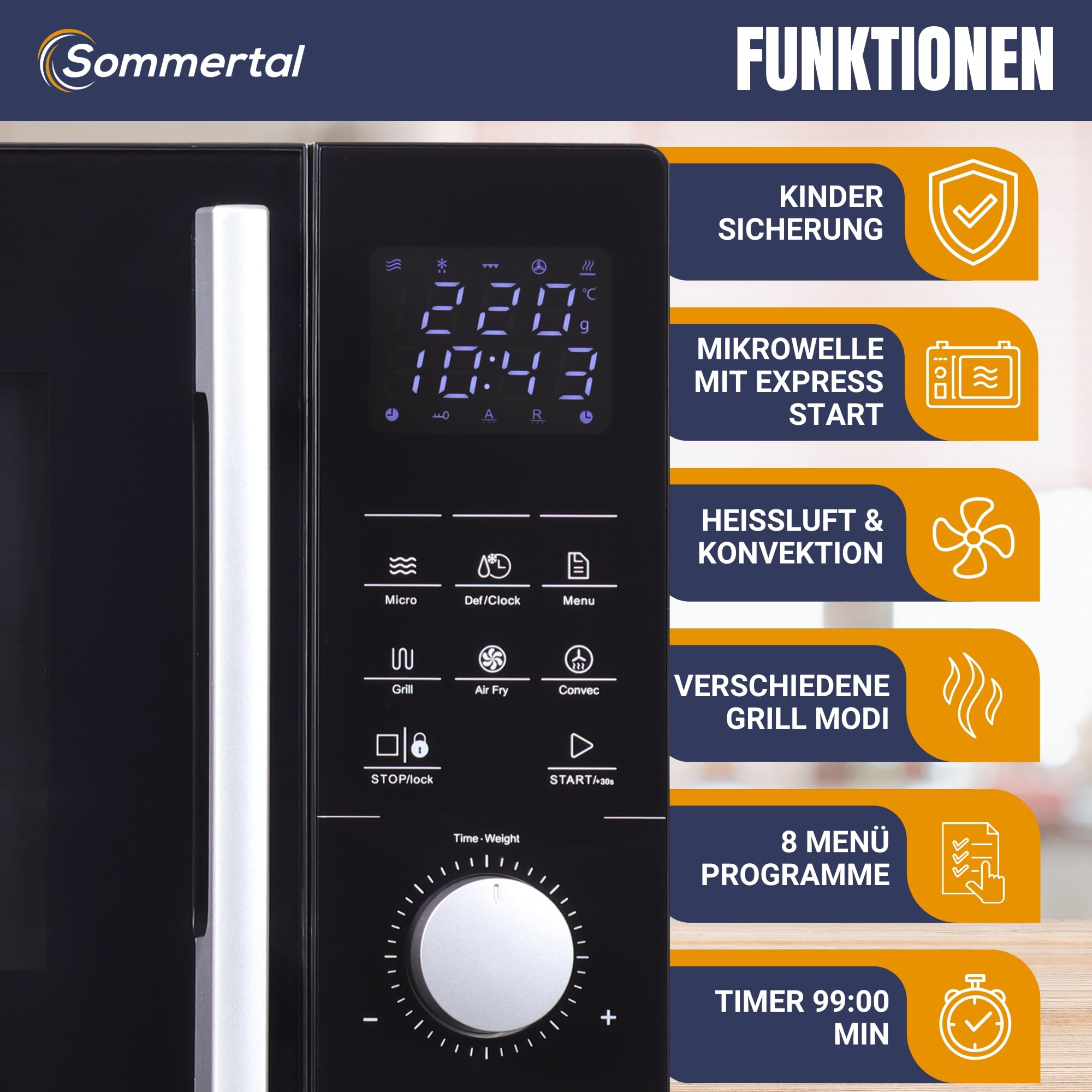 Sommertal 4in1 Mikrowelle 25L – Grill, Heißluft-Fritteuse, Konvektion, 2200W, 8 Programme, Touch-Display, 60 Min Timer, Schwarz, Kindersicherung, Express-Start – inkl. Rost & Crisp-Pfanne
