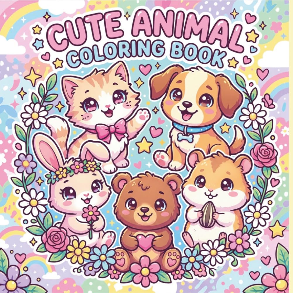 Cute Animal Coloring Book: 50 Adorable Animals with Big Sparkly Eyes (Kawaii Animal Series)