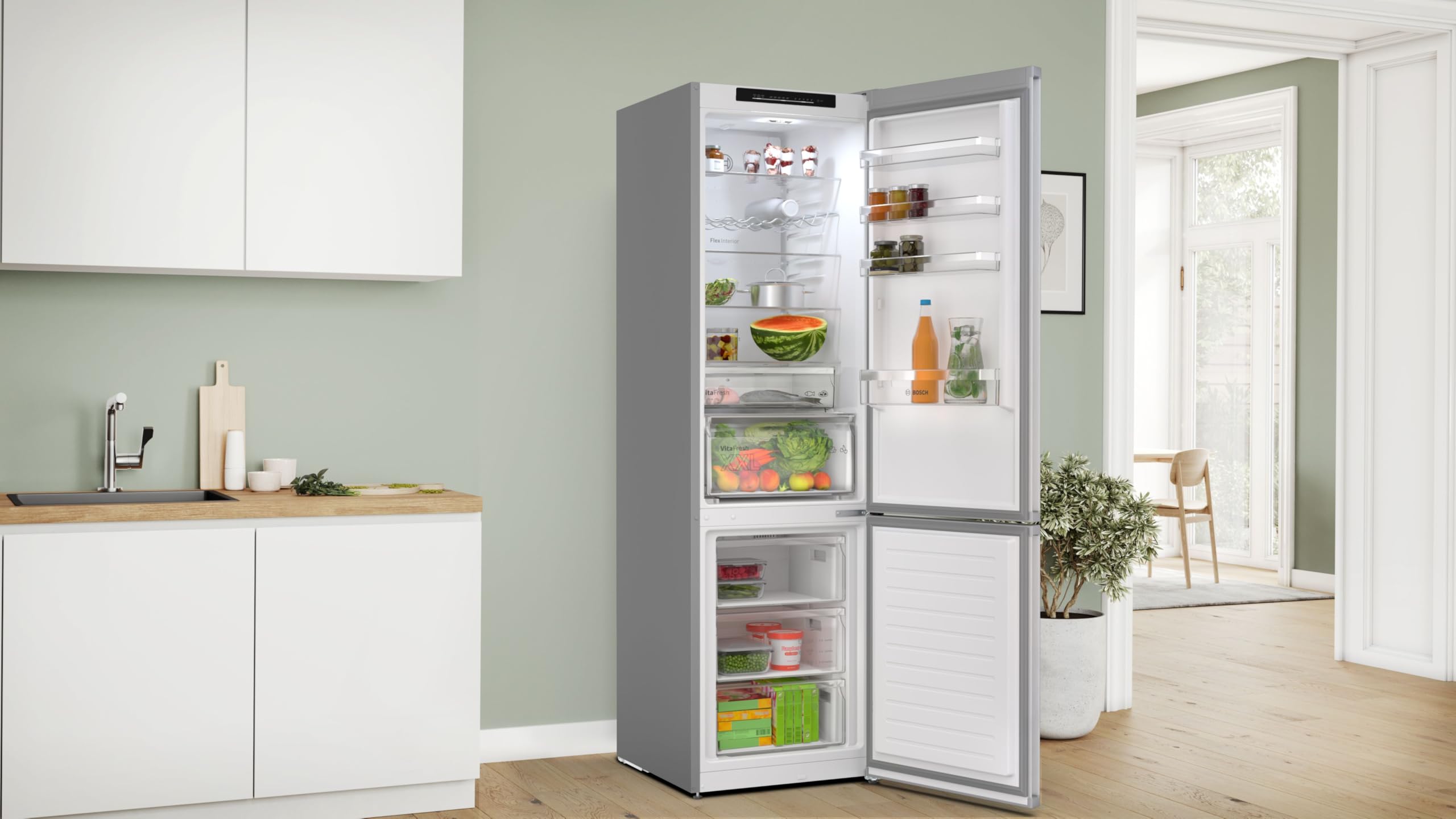 Bosch KGN392LAG Serie 4, Frigorifero combinato da libera installazione, Total No Frost, VitaFresh XXL: Spazio extra-large per i tuoi cibi freschi, PerfectFit, Luce LED, Acciaio, 203 x 60 cm