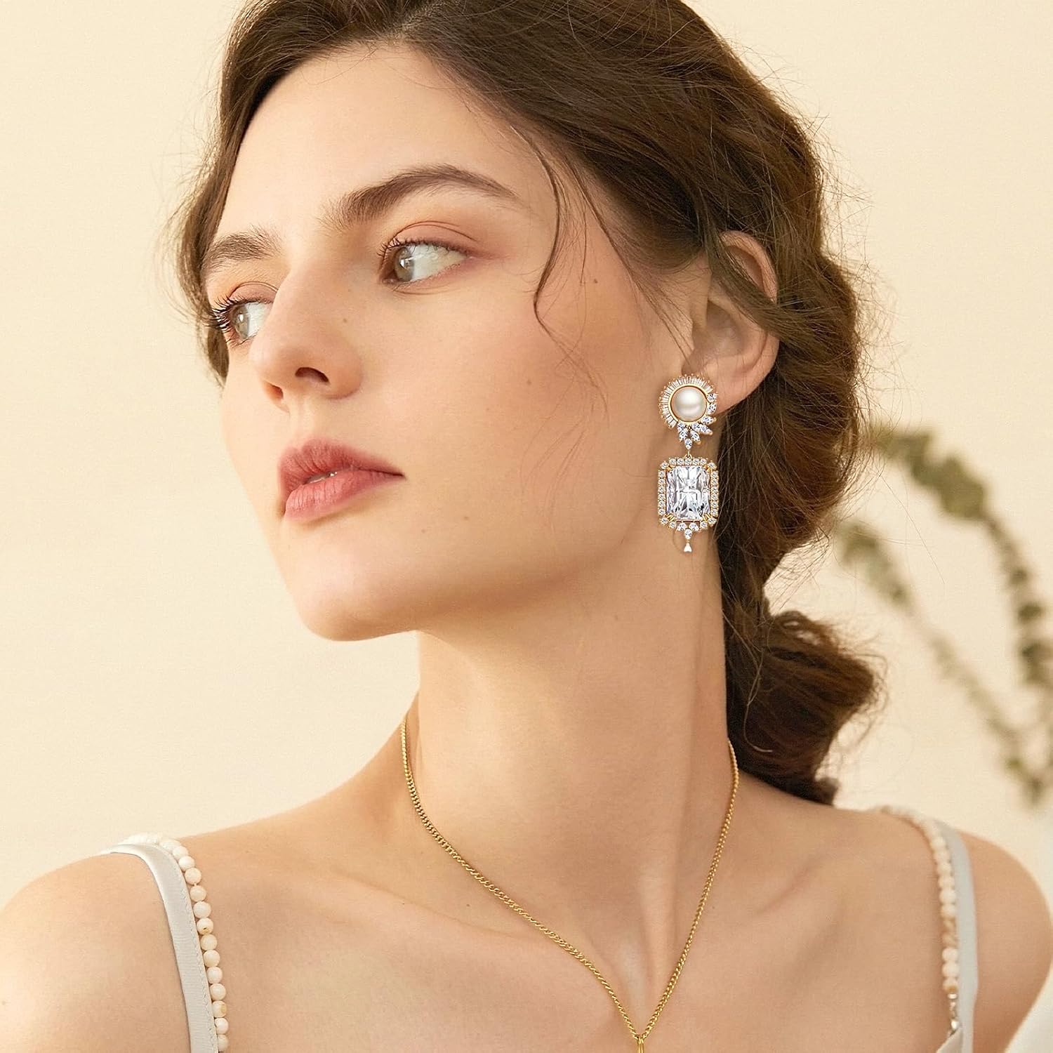 S925 Sterling Silver posts Emerald Green Pink Crystal Dangle Drop Earrings for Women Vintage Pearl Cubic Zirconia Wedding Bridal Emerald Cut Earrings