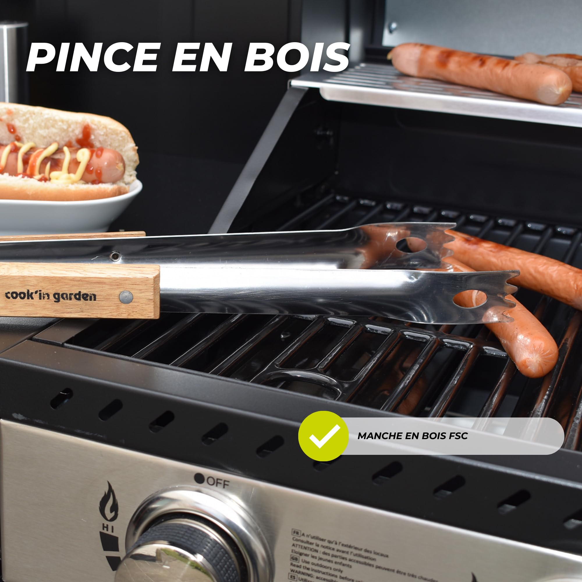 Cook’in Garden - Pince Essentiel FSC® 100%, Résistante aux Flammes et Hautes Températures, Manche Soft Touch Ergonomique, Ustensile Pratique pour Barbecue et Plancha, Cuisine Extérieure