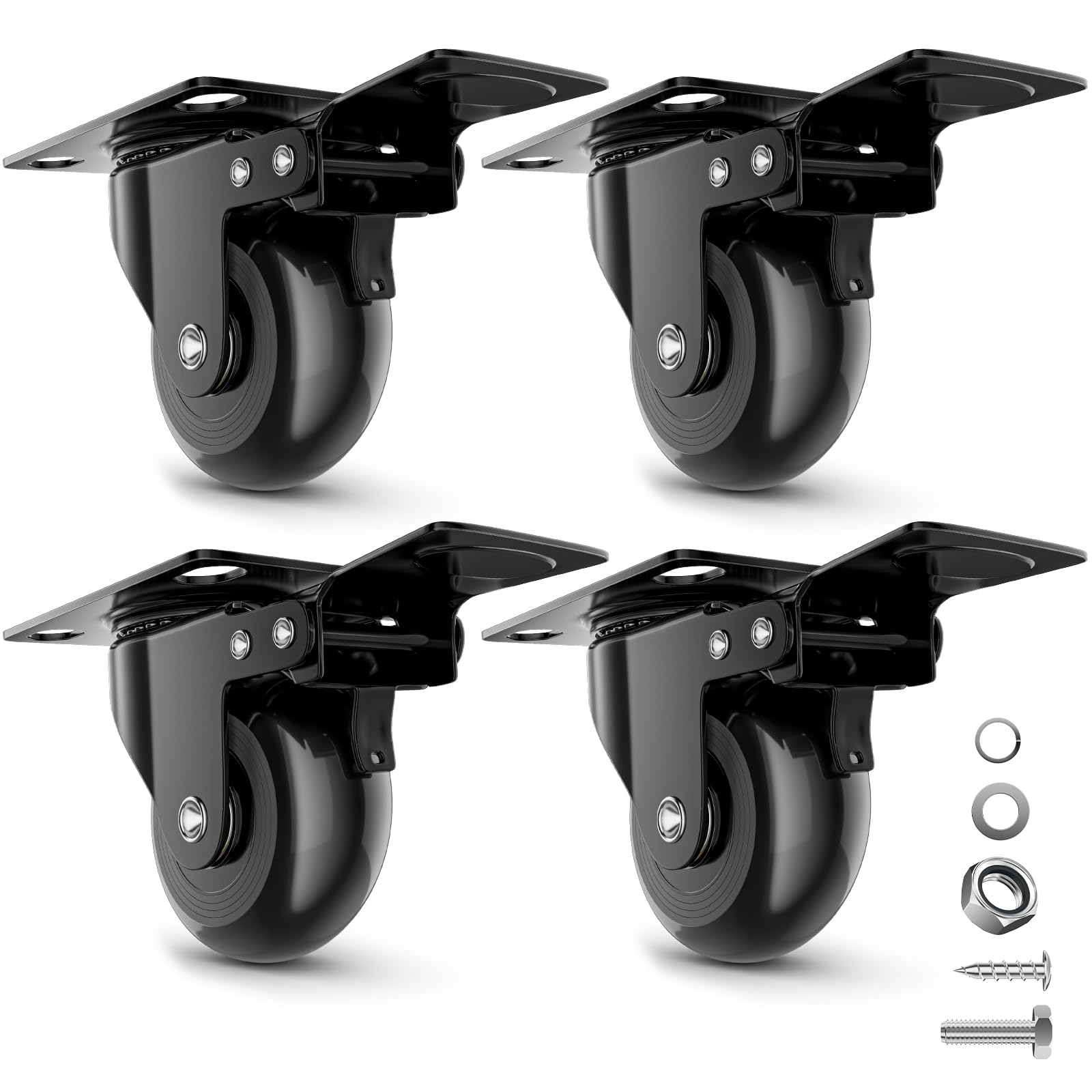 COSYLAND Ruedas para Muebles Pesados 50 mm, Juego de 4 Ruedas Giratorias 360° con Placa, Hasta 300 kg, No Dejan Marcas, para Transporte y Movimiento de Muebles, 4 Ruedas con Freno, Negro