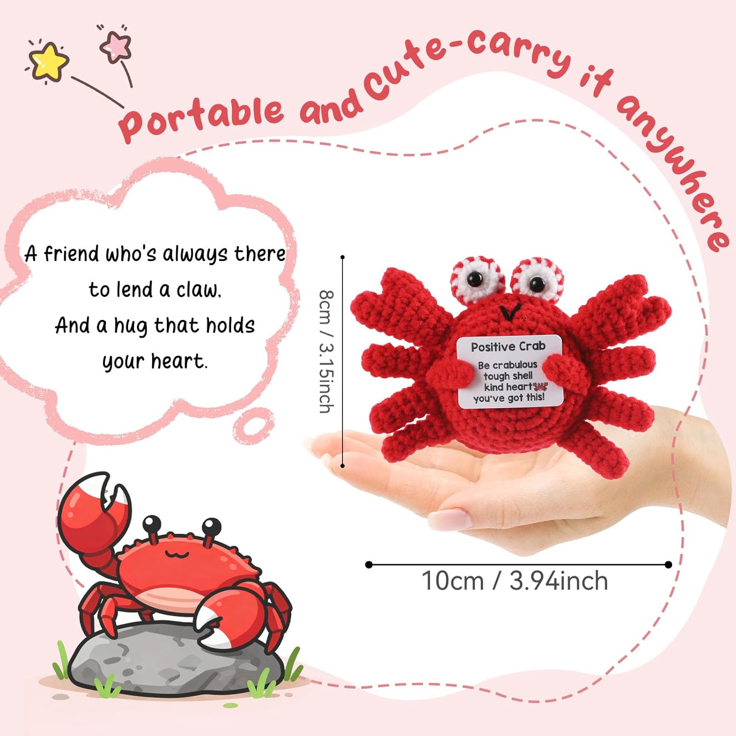 Funny Positive Crochet Crab, Cute Crochet Crabs Animal Stuff with Inspirational Card, Emotional Support Crochet Gift for Women Coworker Friends Teacher Birthday Housewarming Decor - Image 3