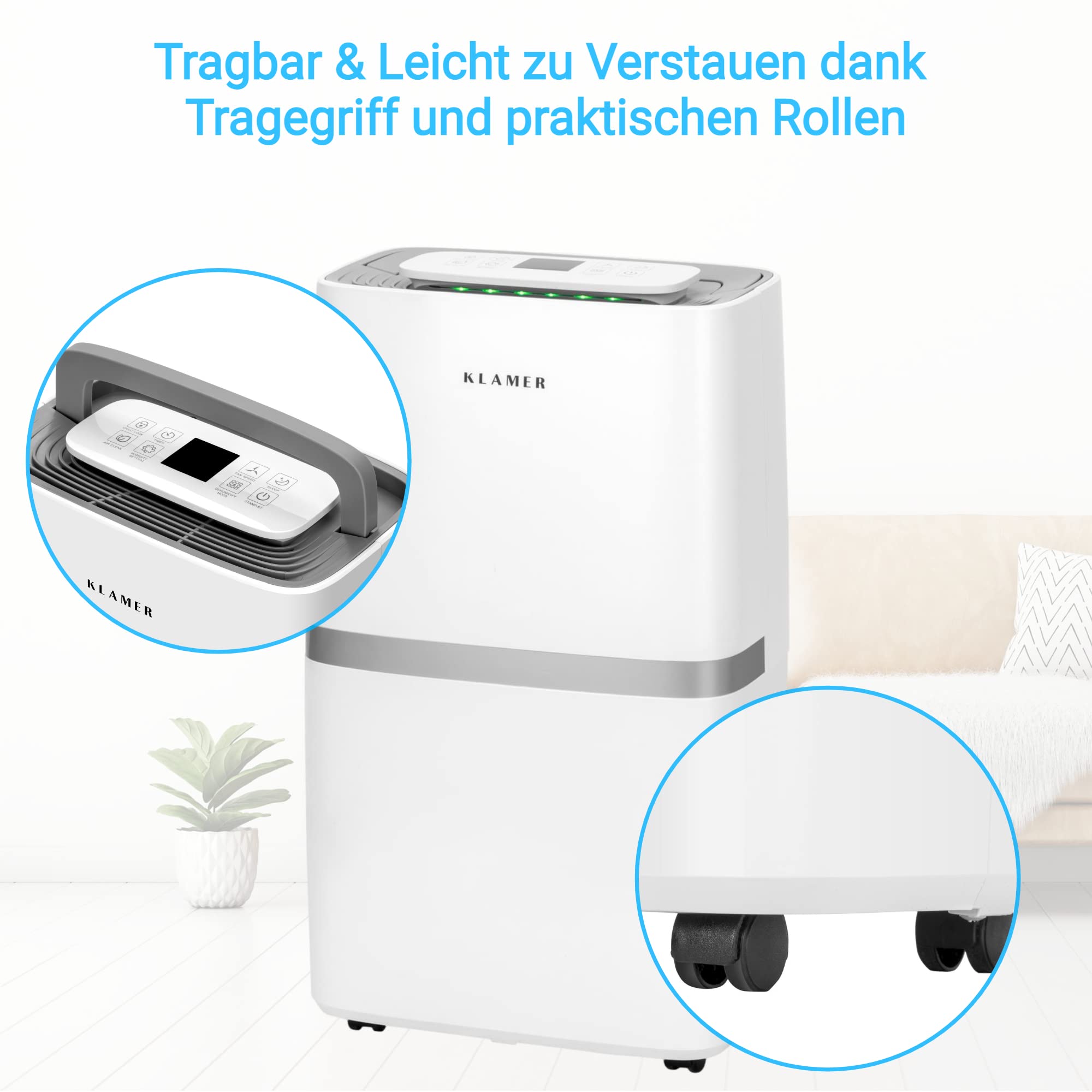 KLAMER Luftentfeuchter elektrisch 20L in 24h mit 5,5L Tank – Leiser, energieeffizienter Raumentfeuchter mit Smart Sensor, Timer & Wäschemodus – Gegen Schimmel, Feuchtigkeit & Kondenswasser