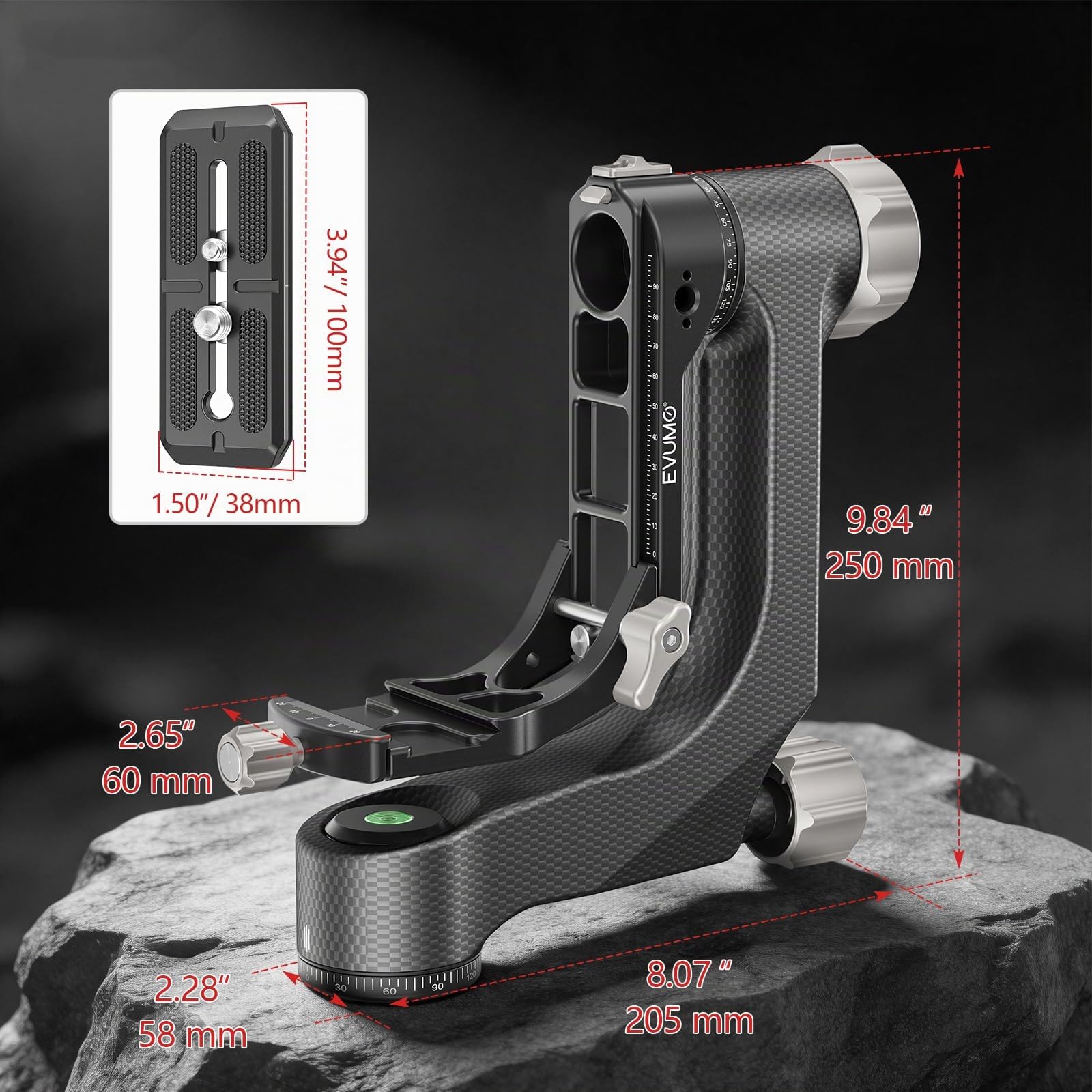 EVUMO P9 Cabezal de Trípode de Cardán, Gimbal Head de 360°, Cabezal Trípode Profesional de Fibra Carbono, con Placa de Liberación Rápida Arca-Swiss de 1/4'' y 3/8'', Carga Máxima 20kg para Cámara DSLR
