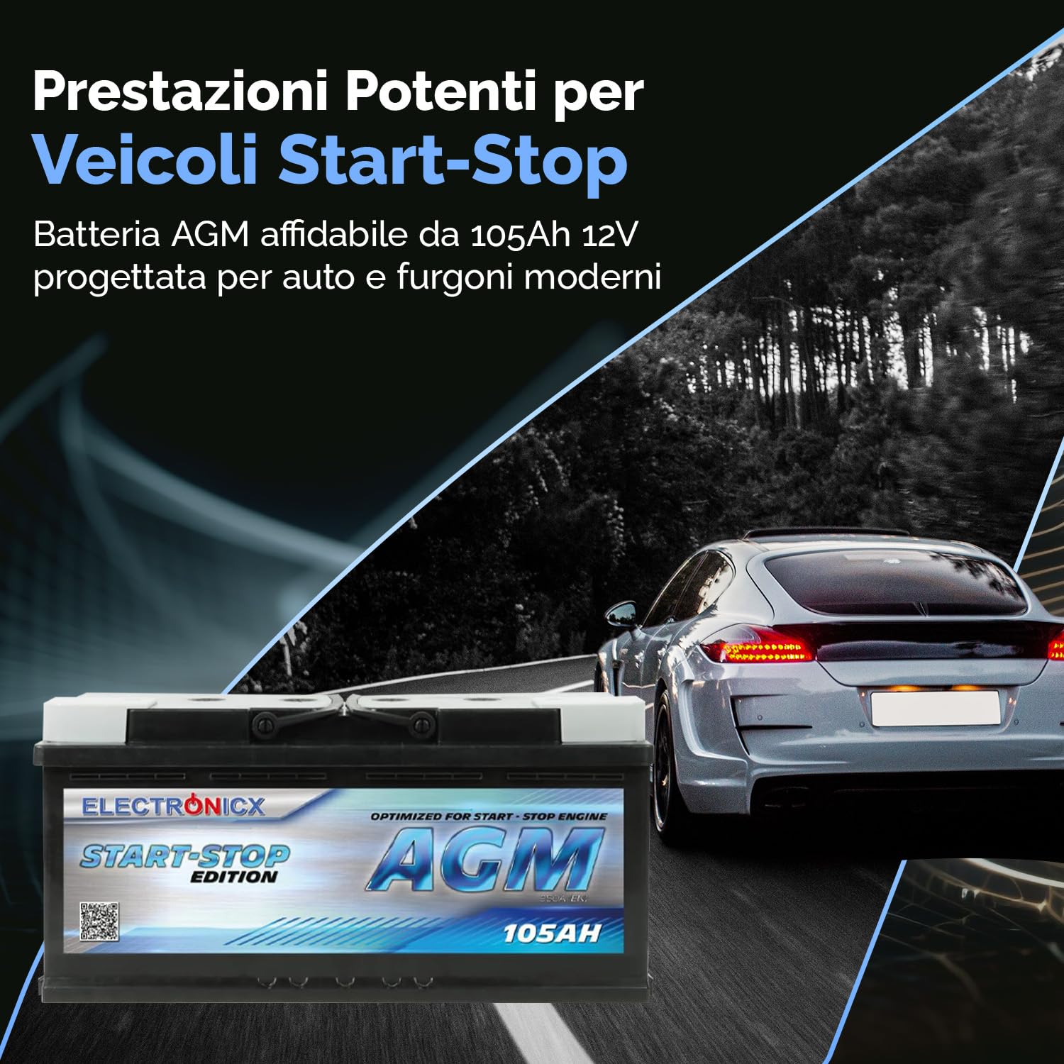 Electronicx Batteria Auto AGM 105Ah 12V – batteria di avviamento 950A EN, AGM 105 Ah, esente da manutenzione, sigillata, resistente alle vibrazioni, compatta, ad alte prestazioni, ideale per auto, SUV