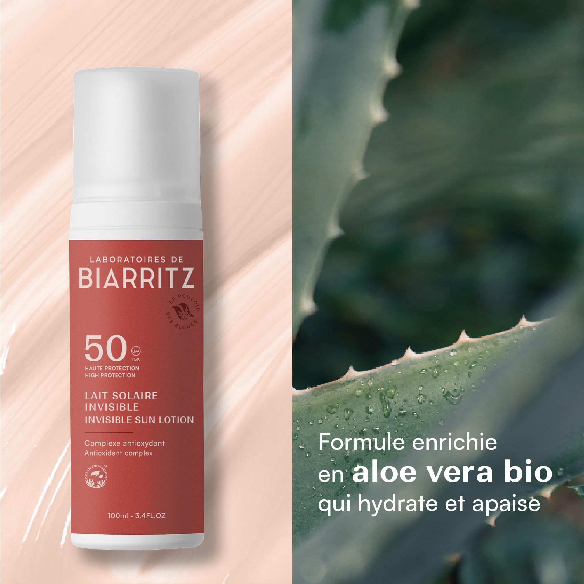 Laboratoires de Biarritz - Lait Solaire Invisible SPF50 - Texture Fluide Invisible - Visage & Corps - Effet Frais dès Application - Parfum 100% d’Origine Naturelle - 100 ml - Fabriqué en France