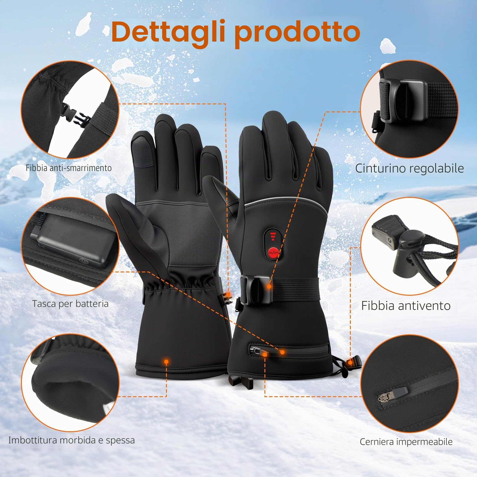 Guanti Riscaldati Moto con 2 Batterie 10000mAh, 7.4V per Riscaldamento Veloce, Impermeabili, Touchscreen, Palmo Antiscivolo, 3 Livelli di Calore - Guanti Invernali Ricaricabili per Uomo e Donna (L)