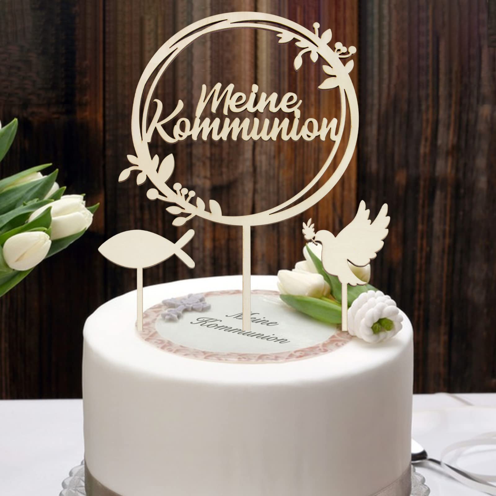 Topper Per Torta A Forma Di Croce E Piccione - Legno, 26x16 Cm, Per Battesimi E Comunioni