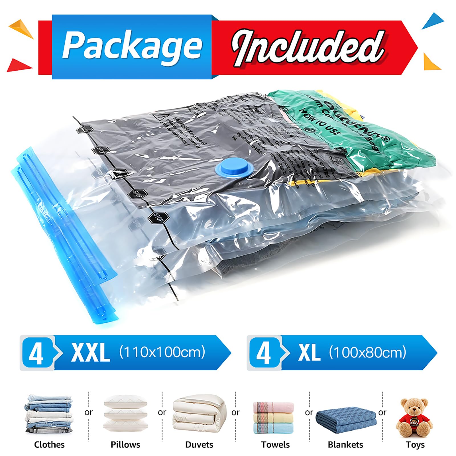 Pack 30 Bolsas De Vacío Para Ropa Y Edredones + Bomba Eléctrica - Varios Tamaños (S, M, L, XL, Jumbo), Ahorra Hasta 80% De Espacio