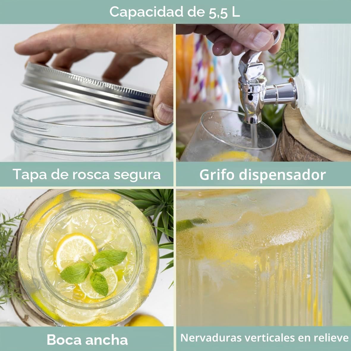 51059 - Dispensador de bebidas con grifo, 5,5 litros, tapa de rosca segura, cuello ancho para botella, diseño retro, perfecto para agua, zumo, cócteles y más