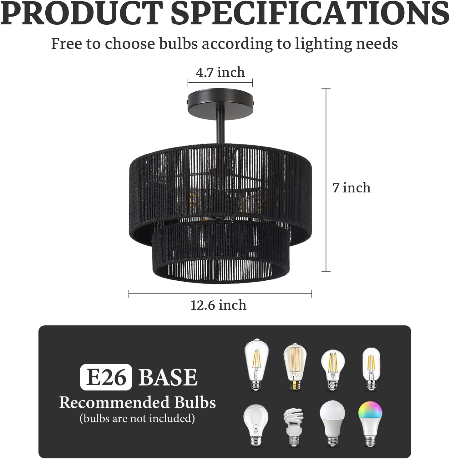 Rattan Ceiling Light Fixture,Boho Style Semi Flush Mount Ceiling Light, 12.6Inch Farmhouse Rattan Light Fixture with Black Woven Drum Lampshade for Entryway, Foyer, Kitchen