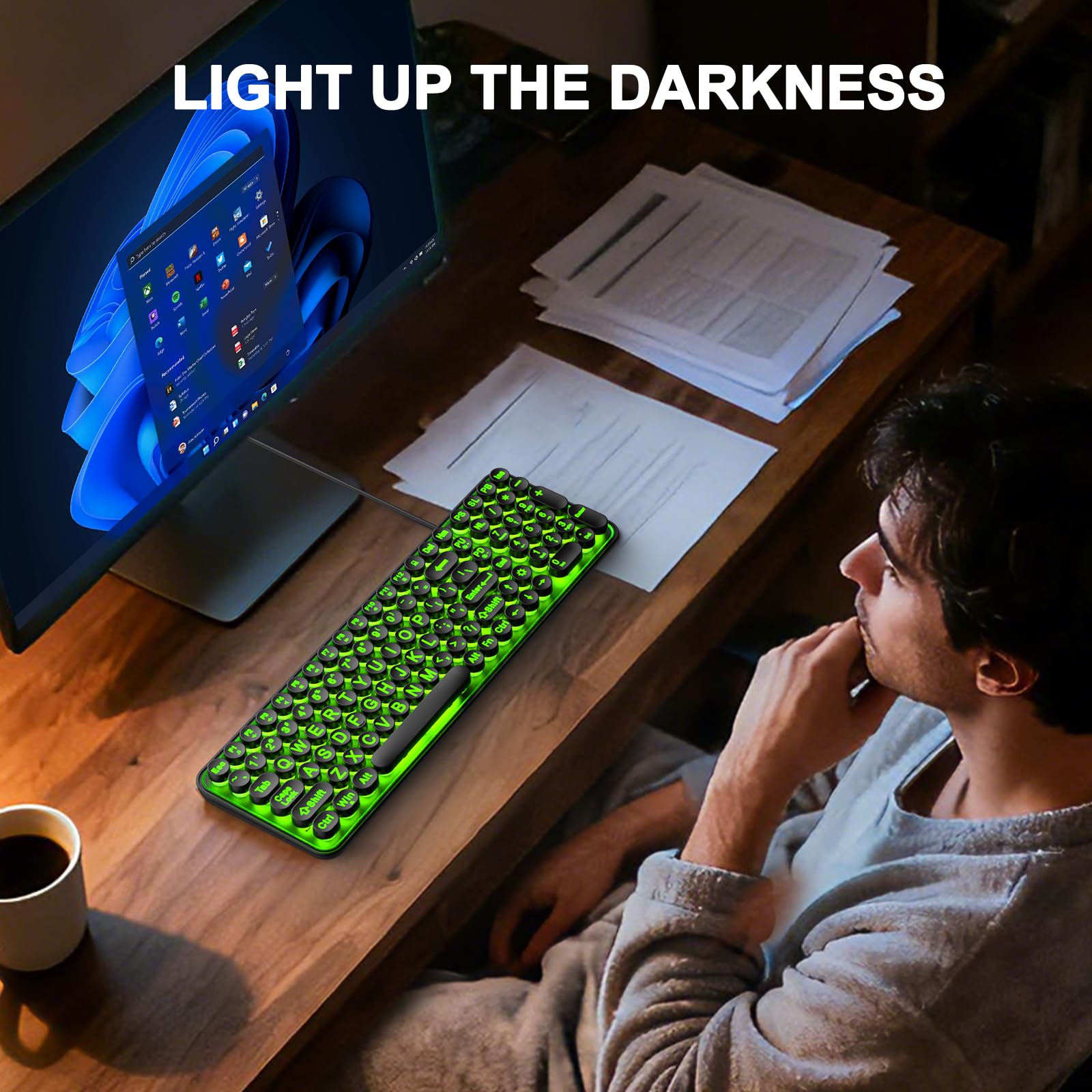 EDJO Large Print Backlit Keyboard,USB Wired Lighted Computer Keyboard with 7-Color Backlit,Oversized Letters,Typewriter Keyboard with Retro Round Key Easy to See for Windows,Desktop,PC,Laptop — view 5