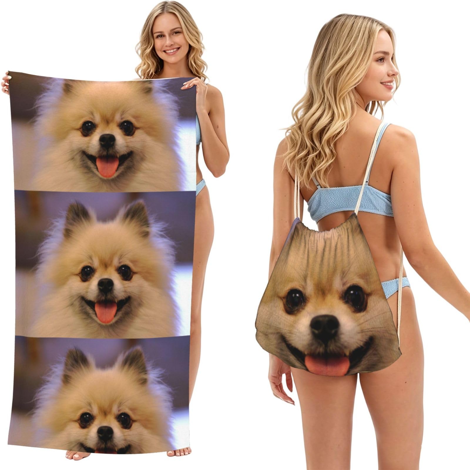 Poadnly As Picture Happy Short-Haired Pomeranian Printed, 2 In 1 Packable Towel Bag, Beach Towels With Drawstring Backpack For Travel Holiday Camping
