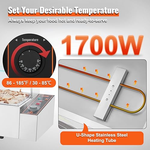 Vista 3 de VEVOR Calentador de alimentos comercial de 5 bandejas, mesa de vapor eléctrica de 5 x 12 cuartos de galón con cubierta de vidrio, encimera de 1700 W