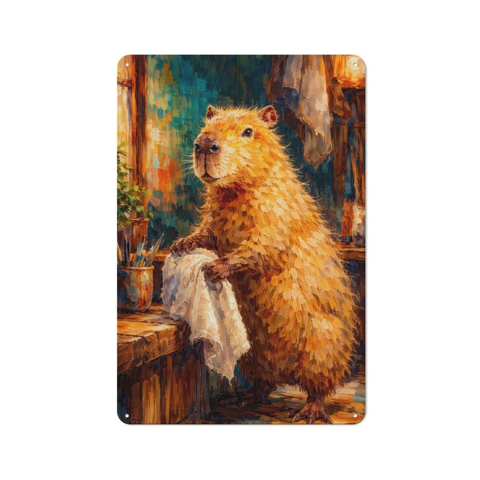Understated Capybara in An Artists Studio Metal Wall Plaque 30x20cm, Creative Space Decor for Office, Study, Studio Or Hallway