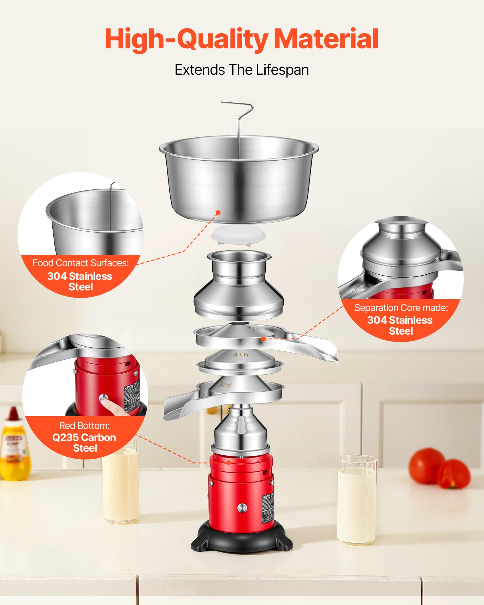 VEVOR Separatore di Latte Elettrico 40 W, Separatore di Latte da 60L/h con Base Rotondo Controllo a Pulsante, Macchina per Separazione di 10500 giri/min, Centrifuga per in Acciaio Inox 304