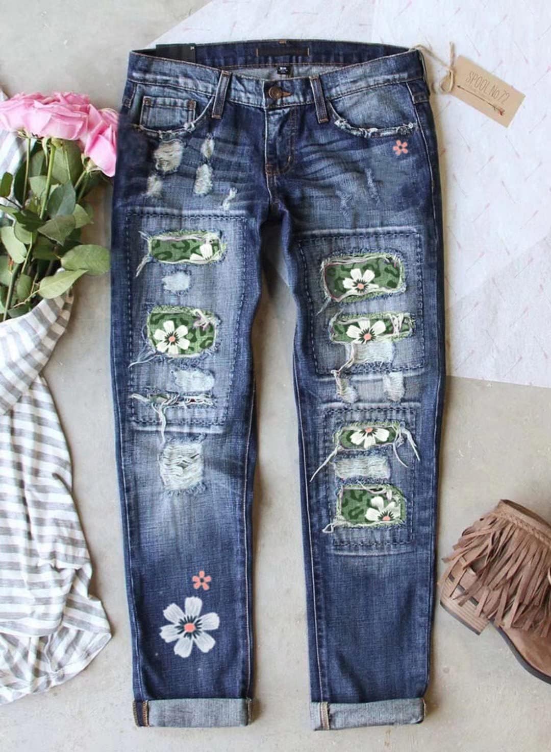 LAFOURAM Womens Boyfriend Patchwork Distressed Ripped Skinny Jeans with Hole