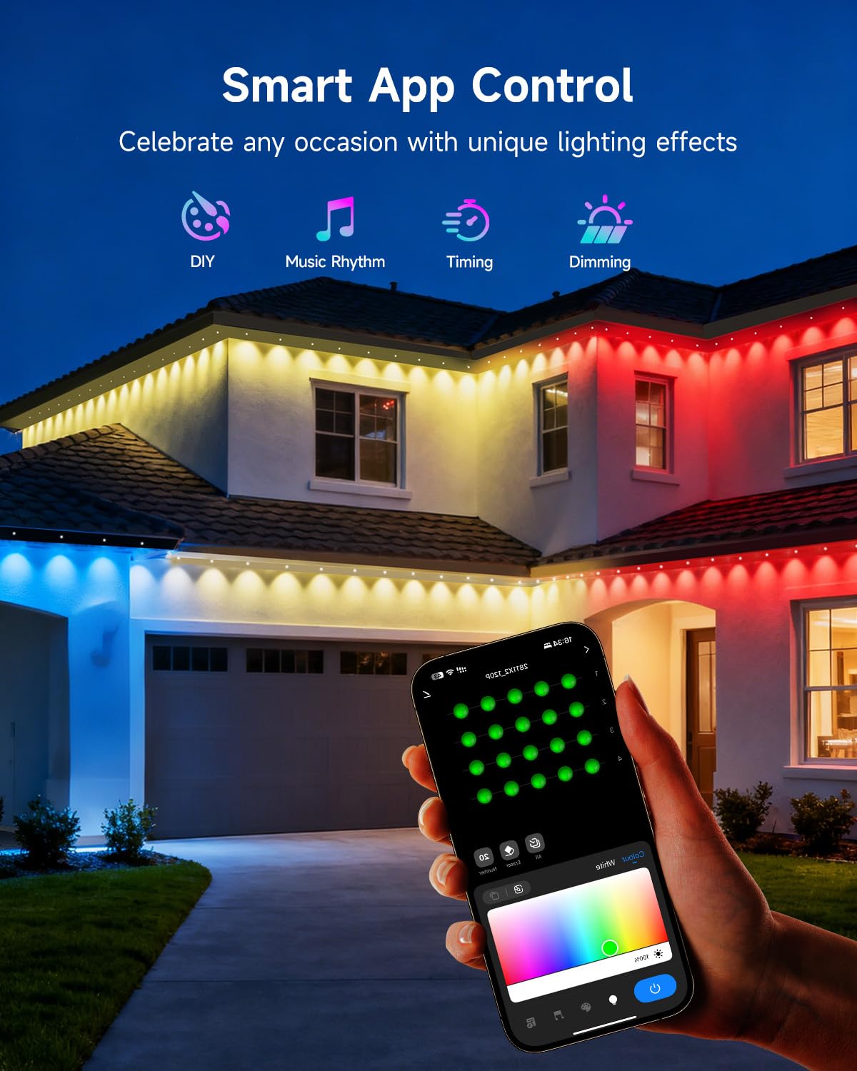 Permanente Außenbeleuchte Lights 15M RGBICW 2700-6000K LED Lichterketten Outdoor IP67 Wasserdichte mit App Steuerung für Weihnachtsdekoration Gartenpartys und tägliche Beleuchtung(Weiße 50FT)