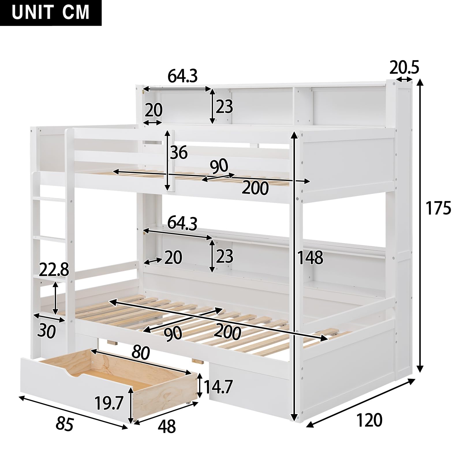 Idemon - Letto a castello, 90 x 200 cm, con letti singoli, cassetti e vani portaoggetti, letti per bambini (bianco)