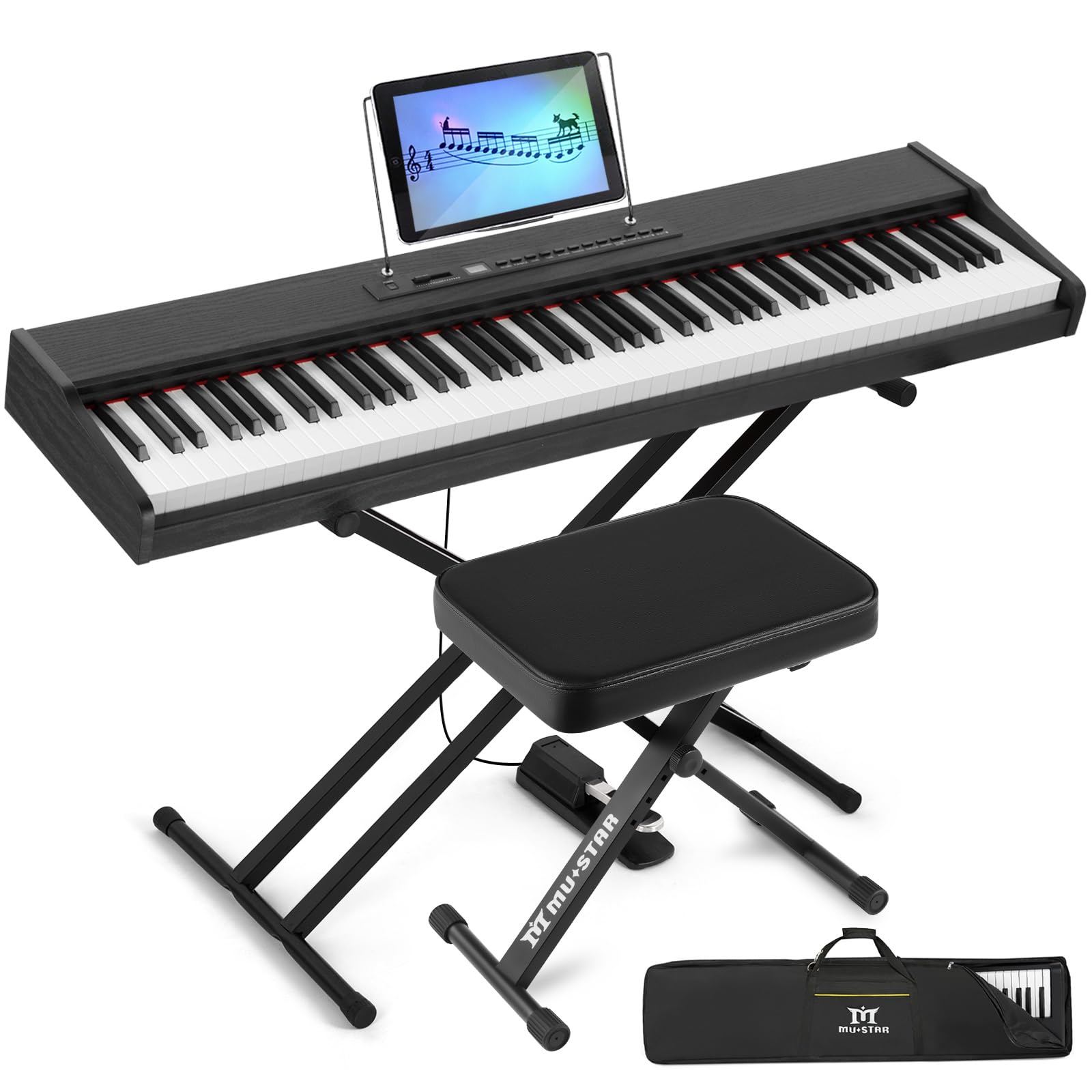 MUSTAR E Piano numérique 88 touches, clavier semi-lesté et Bluetooth, kit portable avec pédale de sustain, support de clavier et sac de transport (noir et banc de piano)