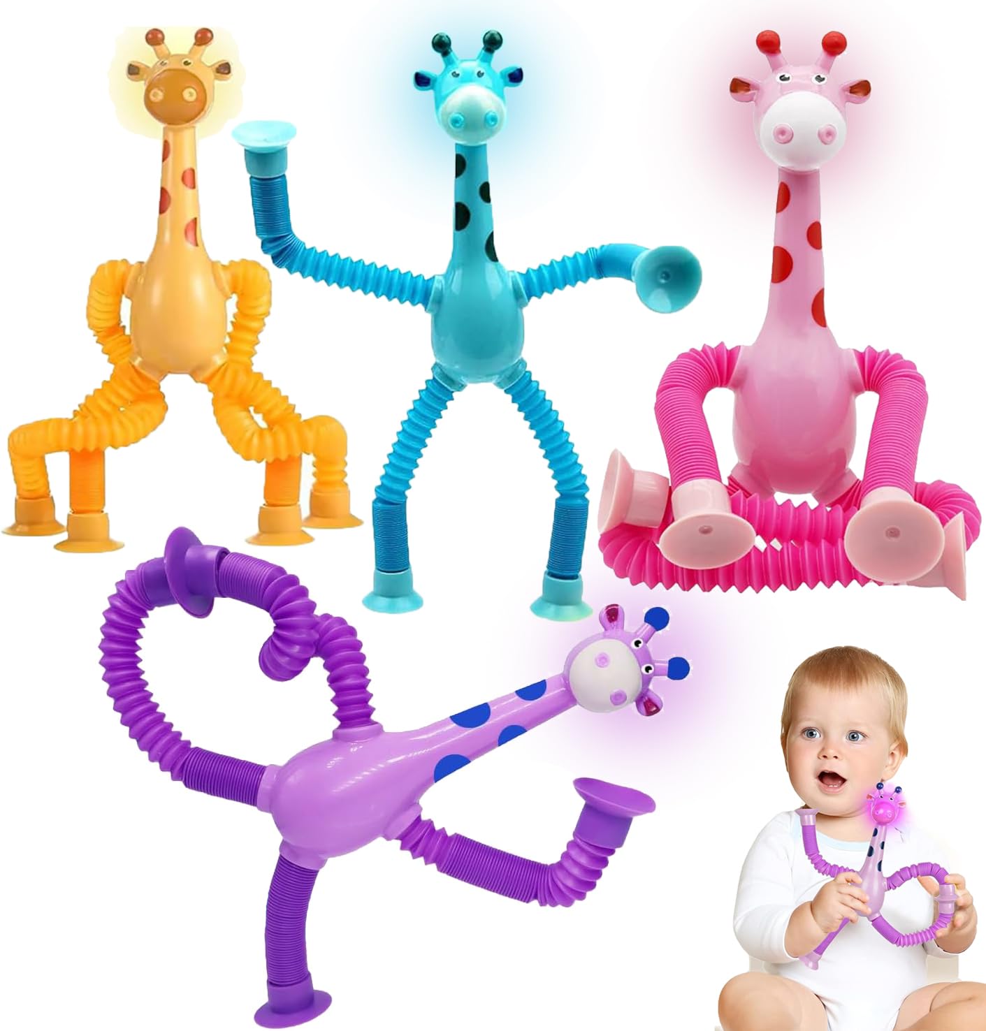 4 Pcs Giraffe Telescopic Suction Cup Toys, Stretchy Pop Tube Fidget Toy for Kids, Shape-Changing Sensory Toy for Stress Relief, Educational Gift for Toddlers and Children