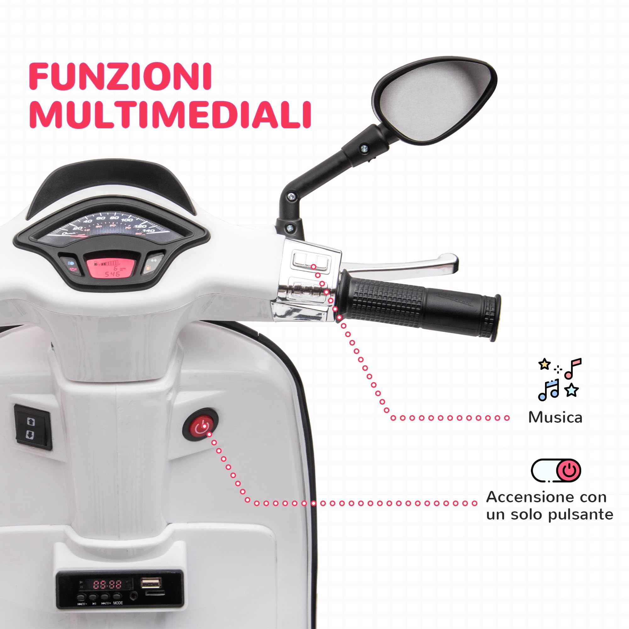 AIYAPLAY 12V Moto Elettrica per Bambini 3-6 Anni a Licenza Vespa con Rotelle, Fanale e Musica, Moto Giocattolo in PP e Metallo, 107x47x73 cm, Bianco