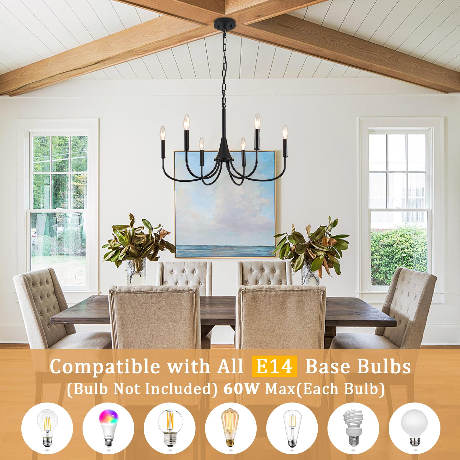 Lampadario Nero A 6 Luci Stile Vintage – Altezza Regolabile Da 55 A 190 Cm – Per Soggiorno, Cucina E Ingresso