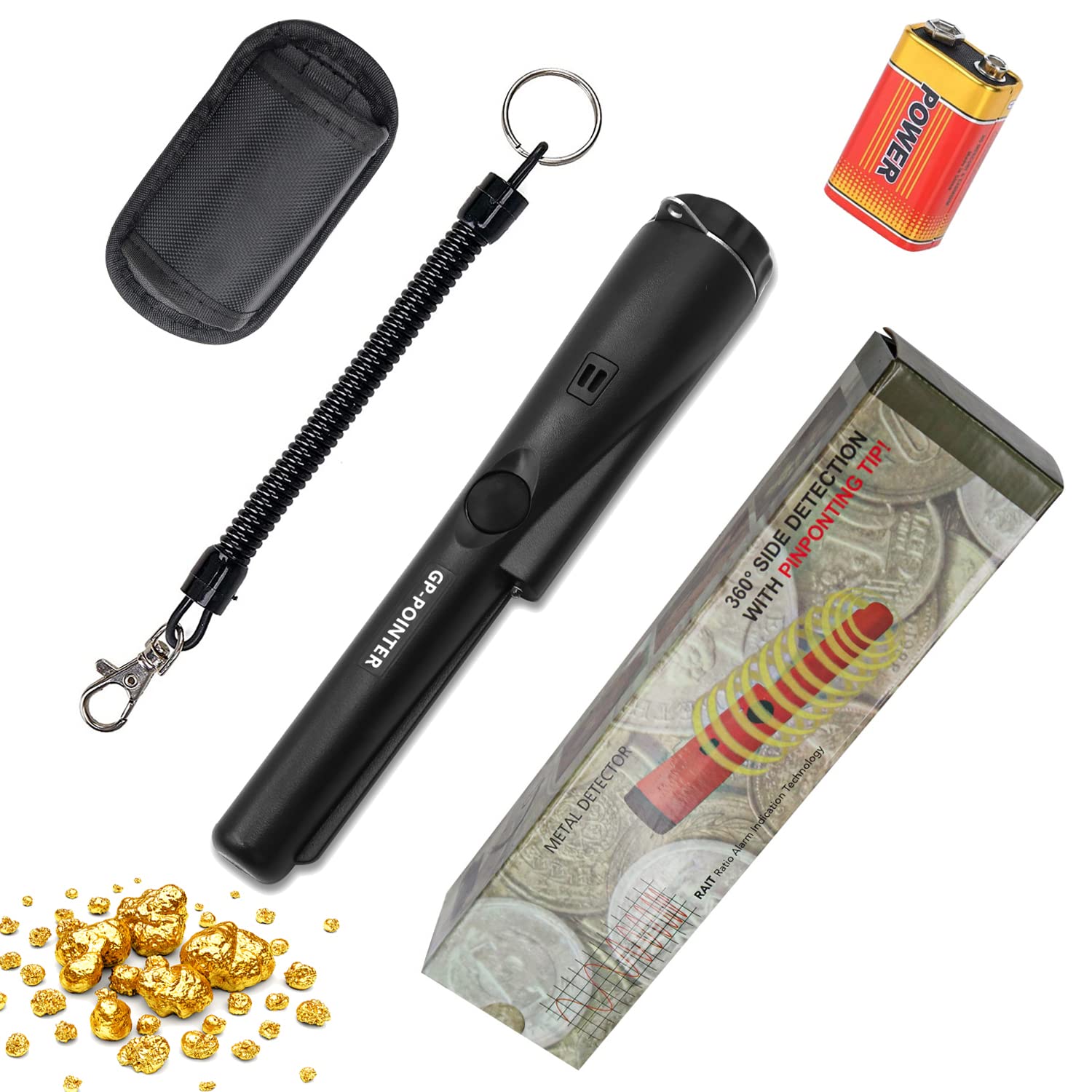 Metal Detector Pinpointer Metal Detector Kit for Adult Kid 360° Search High Accuracy Treasure Bounty Hunting,with Holster and 9V Battery (Black)