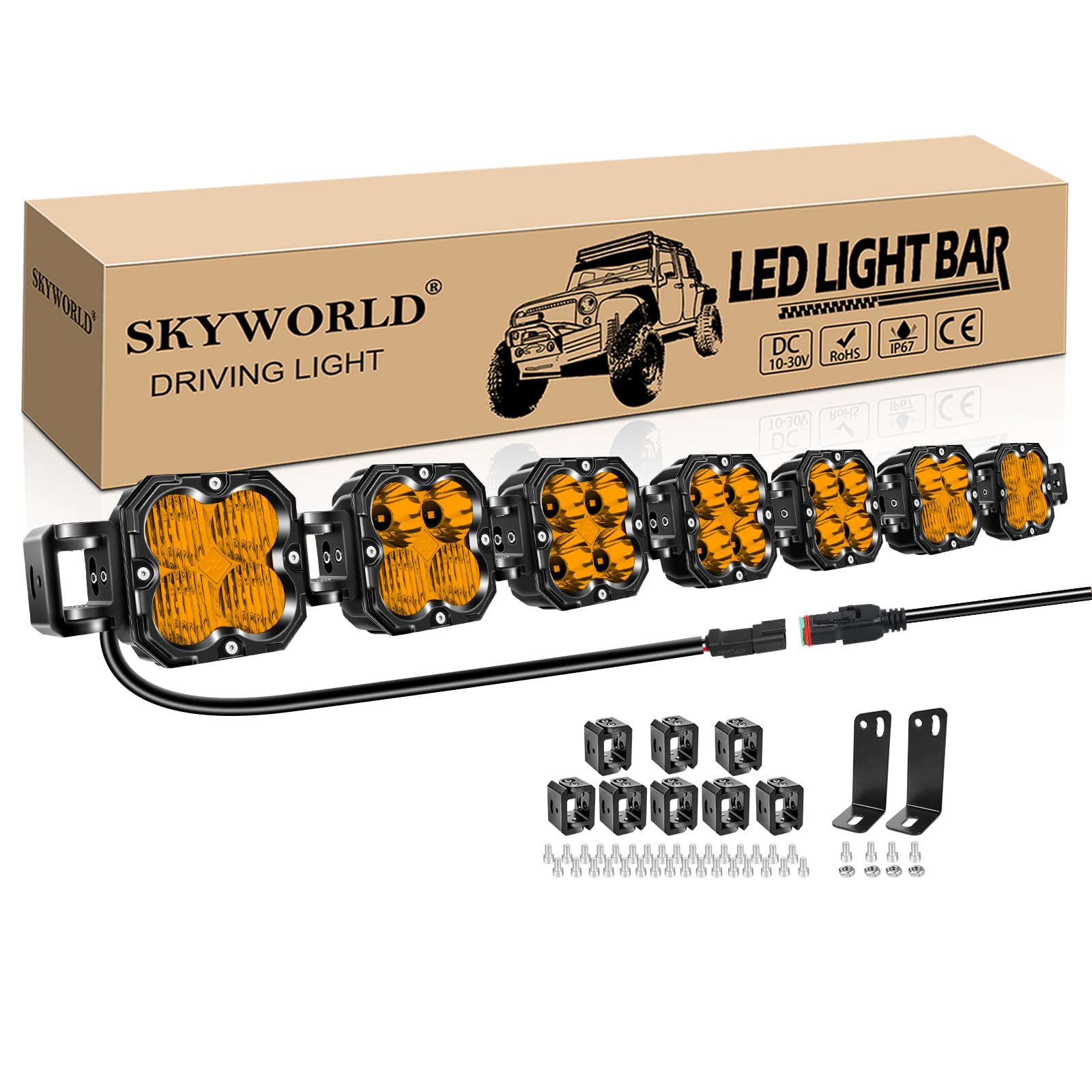 SKYWORLD Linkable Led Pods Light Bar, 46 inch 210W 17500 LM, Work Off Road Driving Fog Light for 4x4 Car Truck UTE ATV Boat Tractor, 3000K Amber Waterproof Headlight, Spot Flood Combo Beam