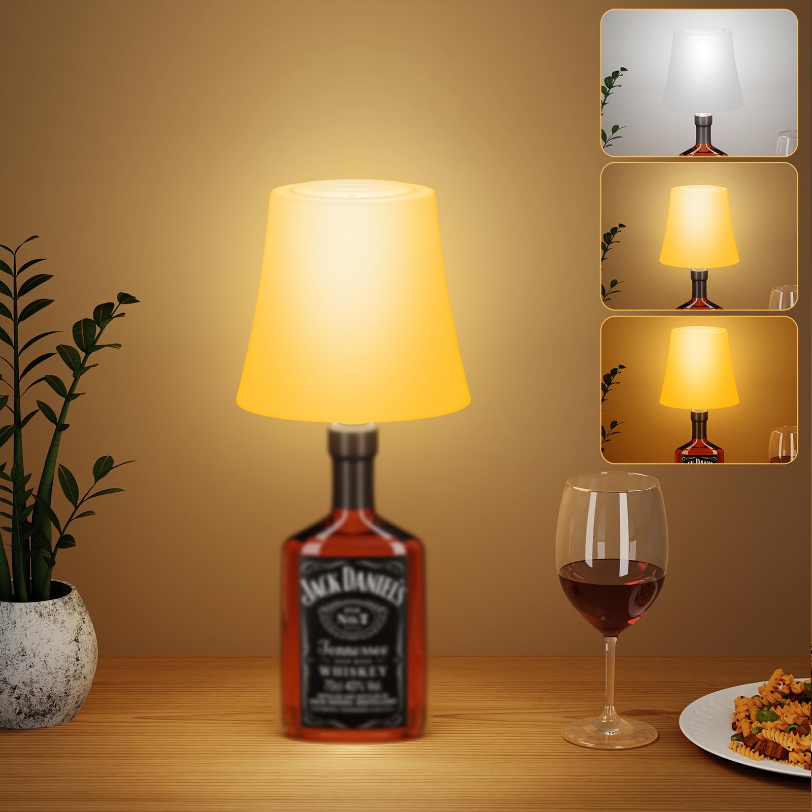 Lámpara de Mesa Inalámbrica, Lámpara de Botella Recargable, Lámpara de Noche Brillo Ajustable 3 Temperaturas Color+RGB, Botón Táctil IP54 Impermeable para Restaurante,Cafetería(Sin incluir Botellas)