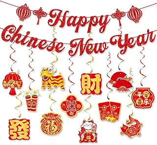 14 Pack Chinese Lunar Year Hanging Swirls Happy New Year Hanging Swirl Chinese Ceiling Hanging Decor Chinese New Year Banner for Snake Year Spring Festival Party Supplie